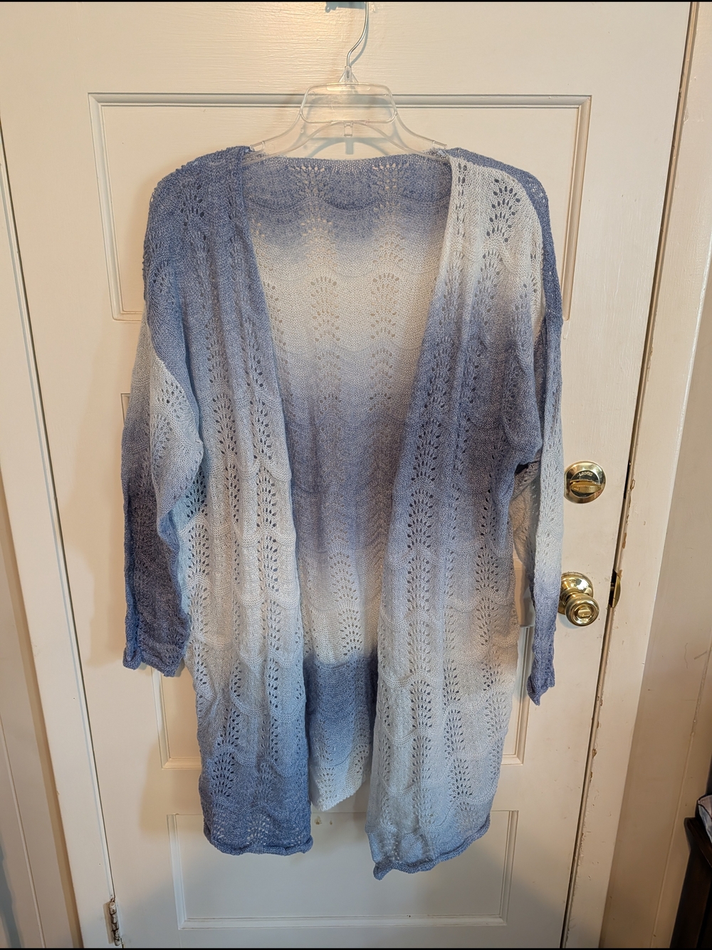 Ombre Open-Front Knit Cardigan in Light Blue and White